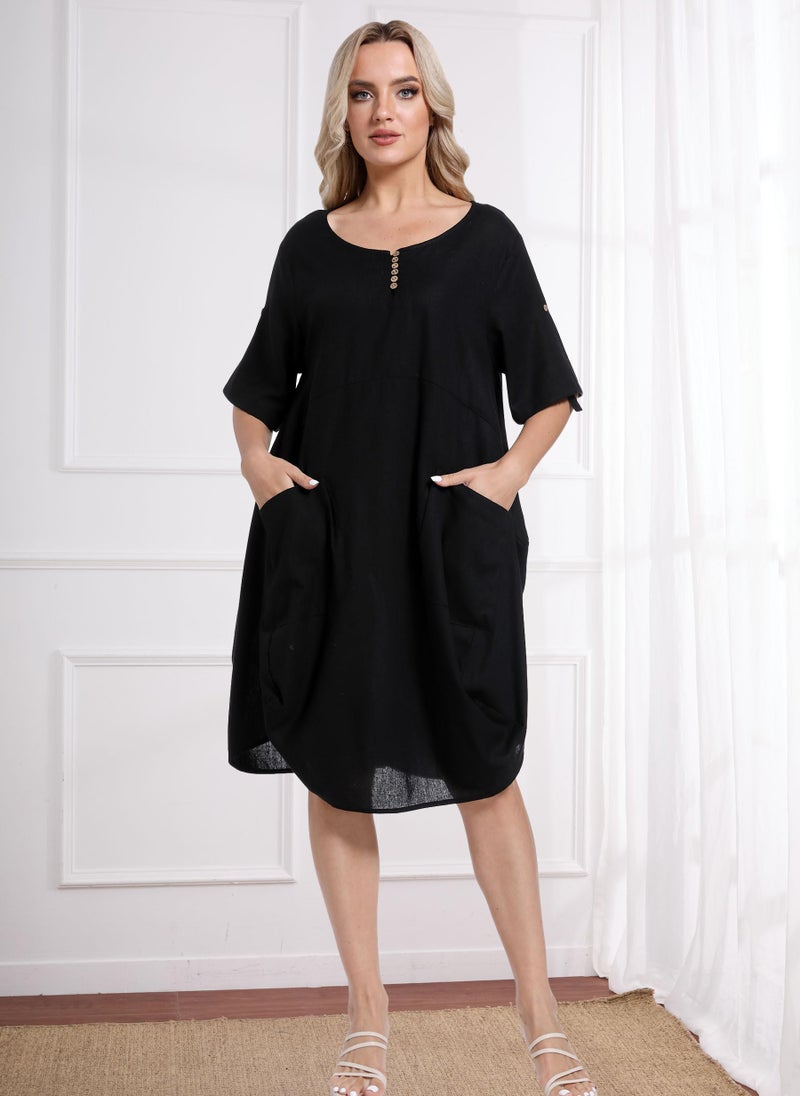 Minibee Women's Ruffle Oversize Casual Midi Dresses with Pockets (L, Black) - Image 1